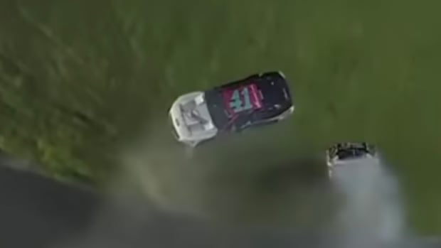Ryan Preece's car goes airborne and begins the vicious barrel roll that saw his car flip 10 times before coming to a rest. Thankfully, he climbed out of his car and was transported to a local Daytona hospital for treatment and observation. Photo courtesy NBC Sports.